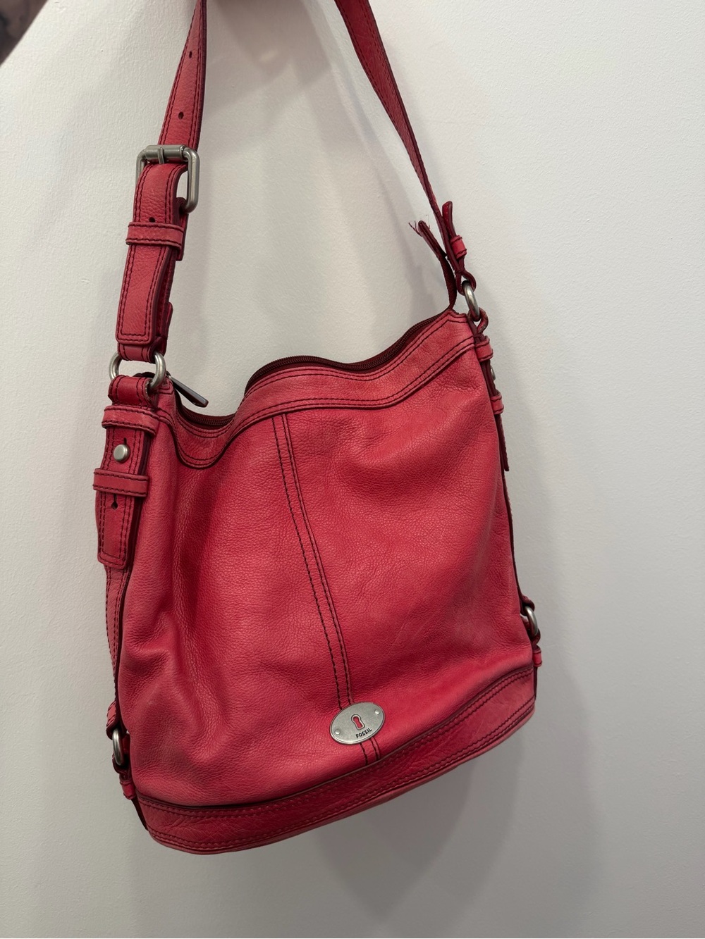 Vintage Fossil Maddox Boho Pink Pebbled Leather Shoulder Bag Silver Hardware